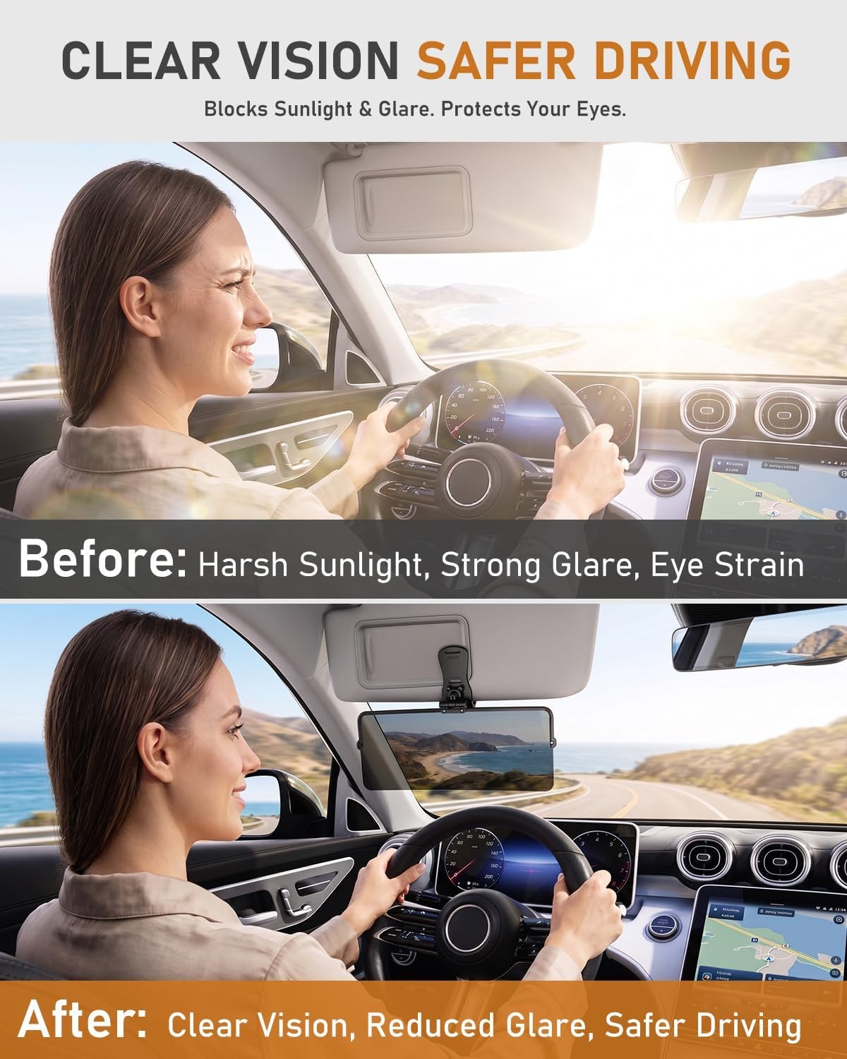 Driver squinting in harsh sun glare before, and driving comfortably with the Minuit visor extender after