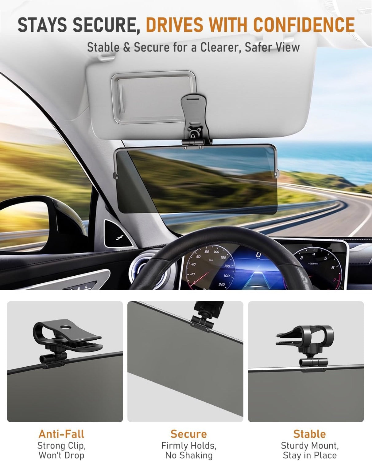 Minuit visor extender clip detail showing anti-fall, secure and stable mounting